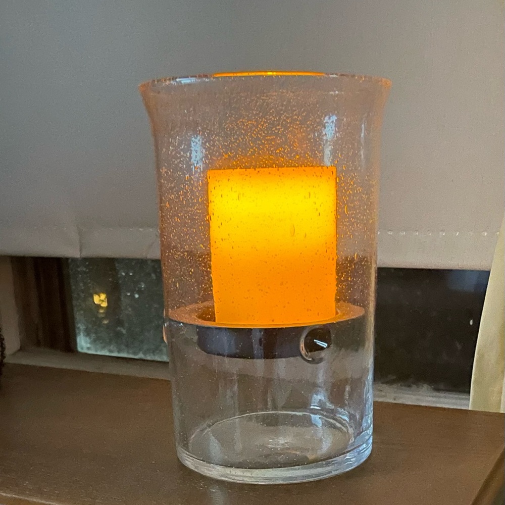 Hammered Glass Candle Holder w/ Rustic Metal Insert. 8 1/2” Never been used!